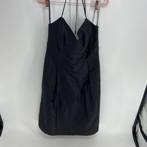 Jenny Yoo Black Silk Tie Neck V faux wrap pleated midi dress womens 14